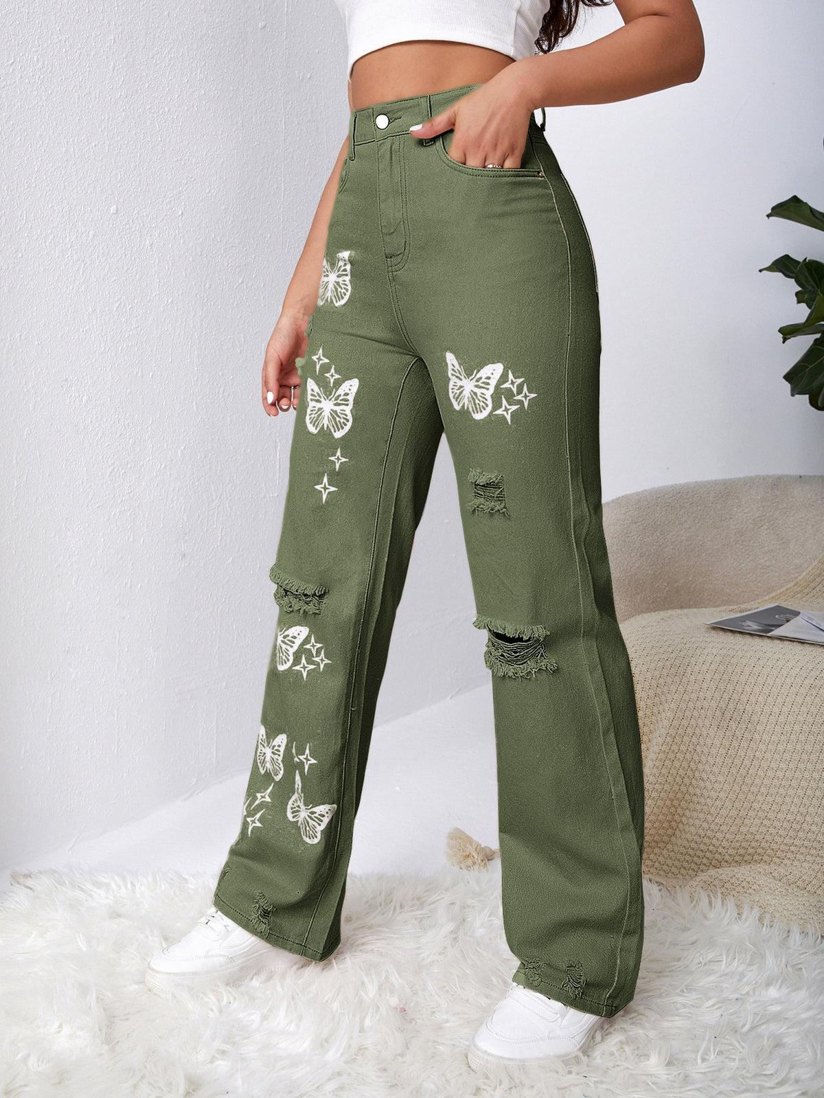 Bleach Wash Butterfly Jeans with Ripped Detail