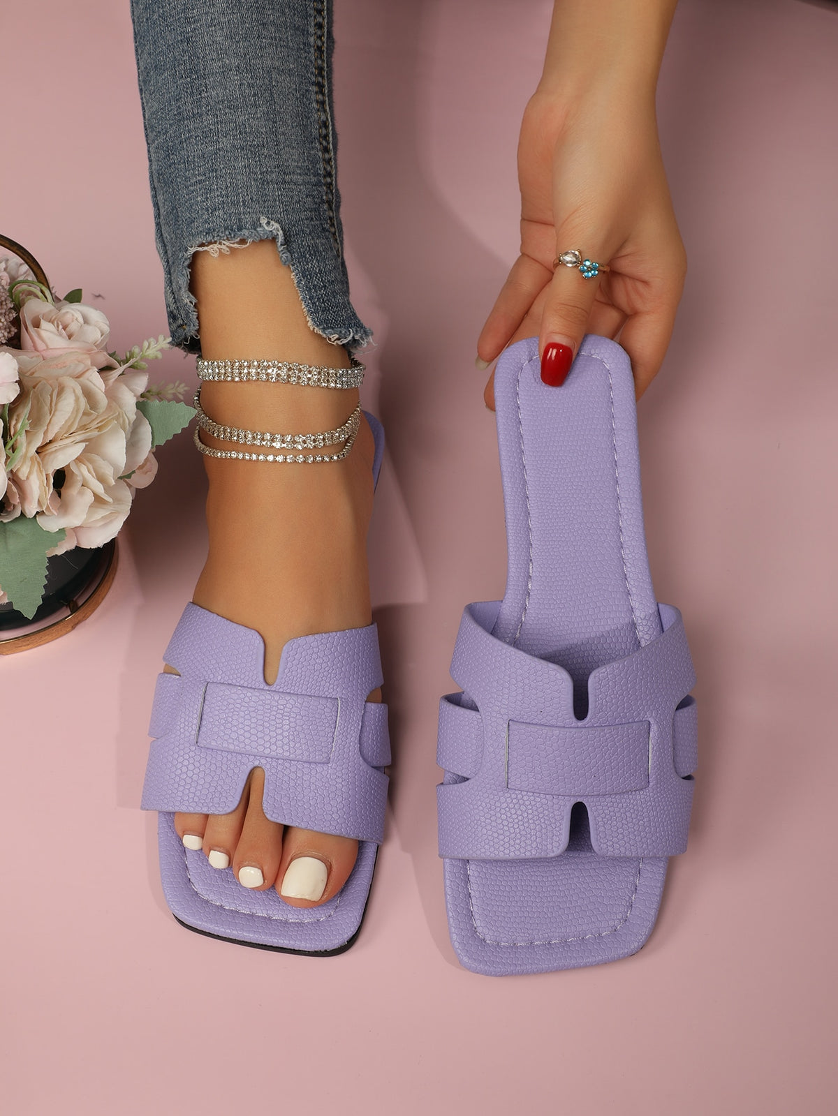 Women's Slide Sandal with Snakeskin Emboss