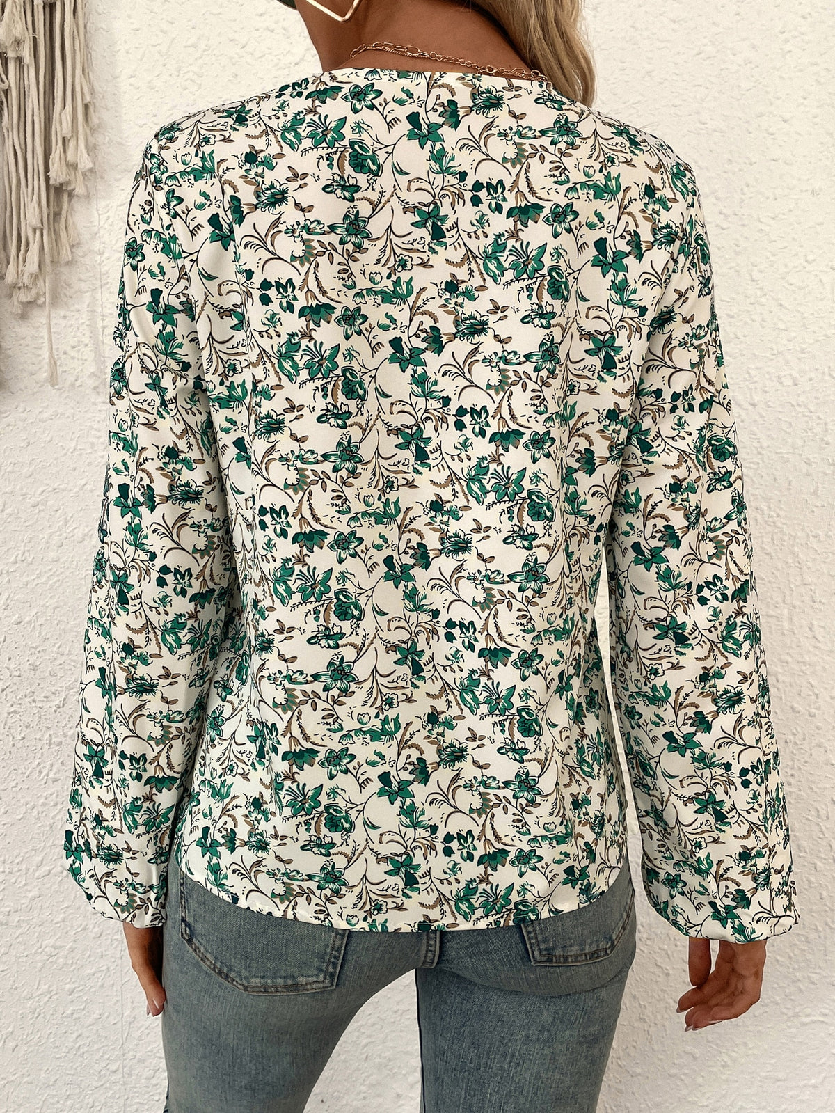Floral Print Lantern Sleeve Blouse with Lace Insert