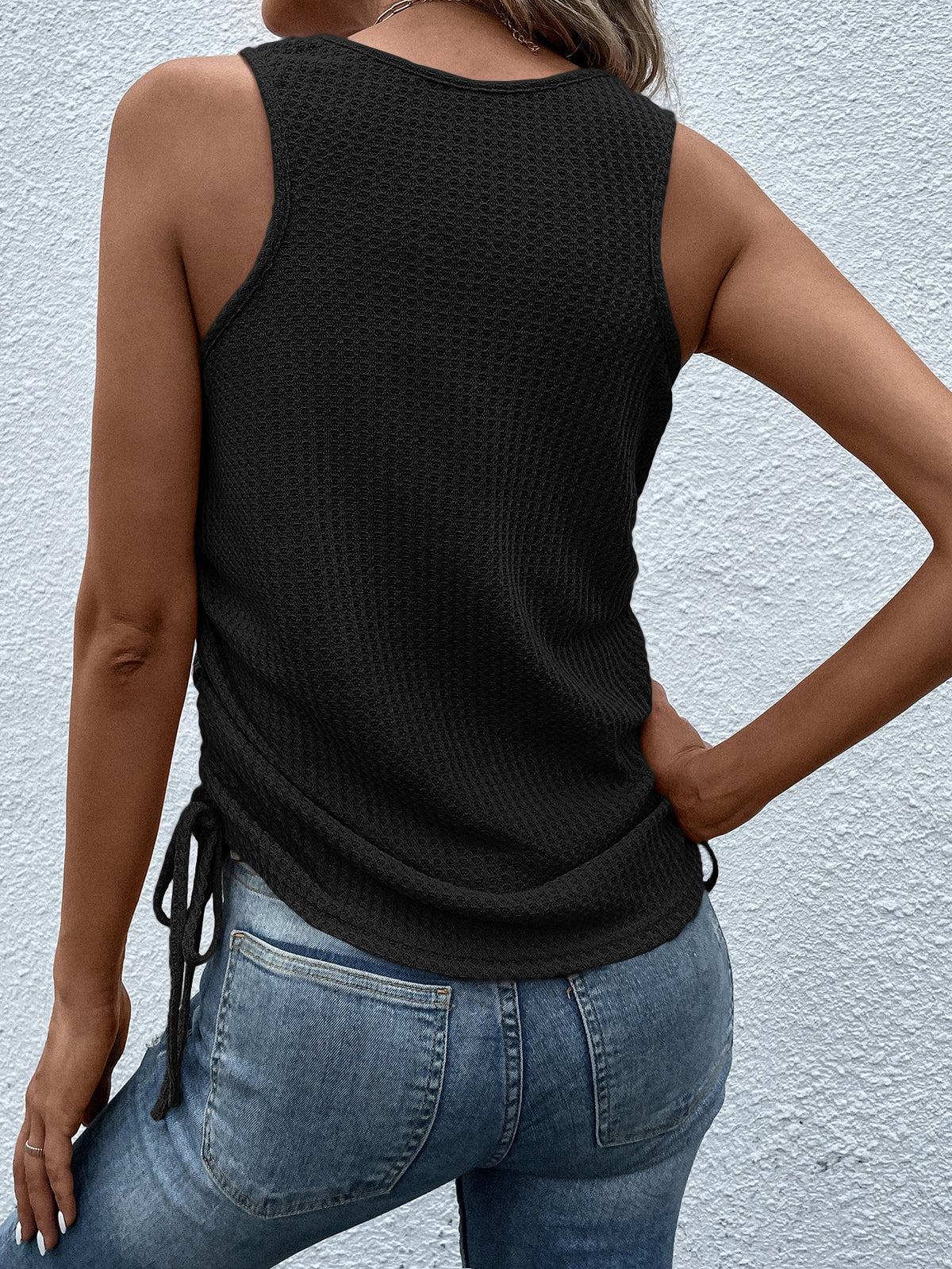 Waffle Knit Tank Top with Drawstring Side