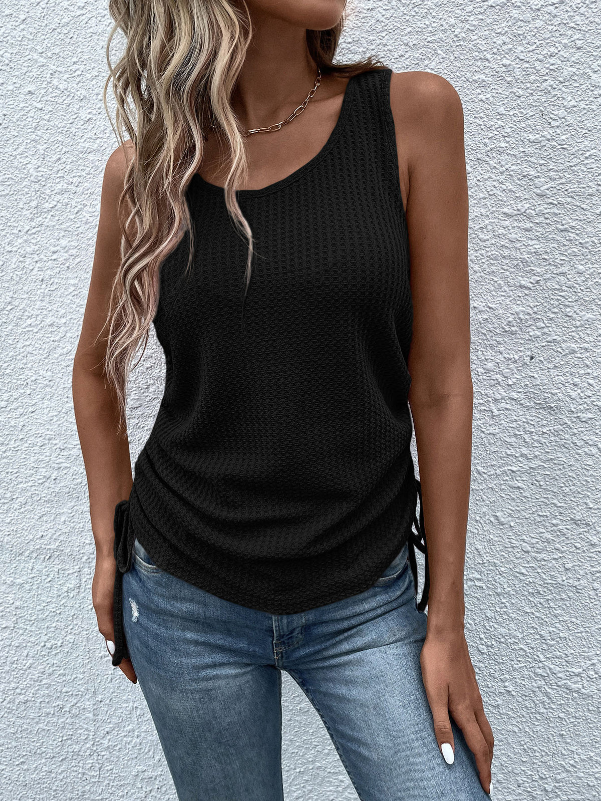 Waffle Knit Tank Top with Drawstring Side