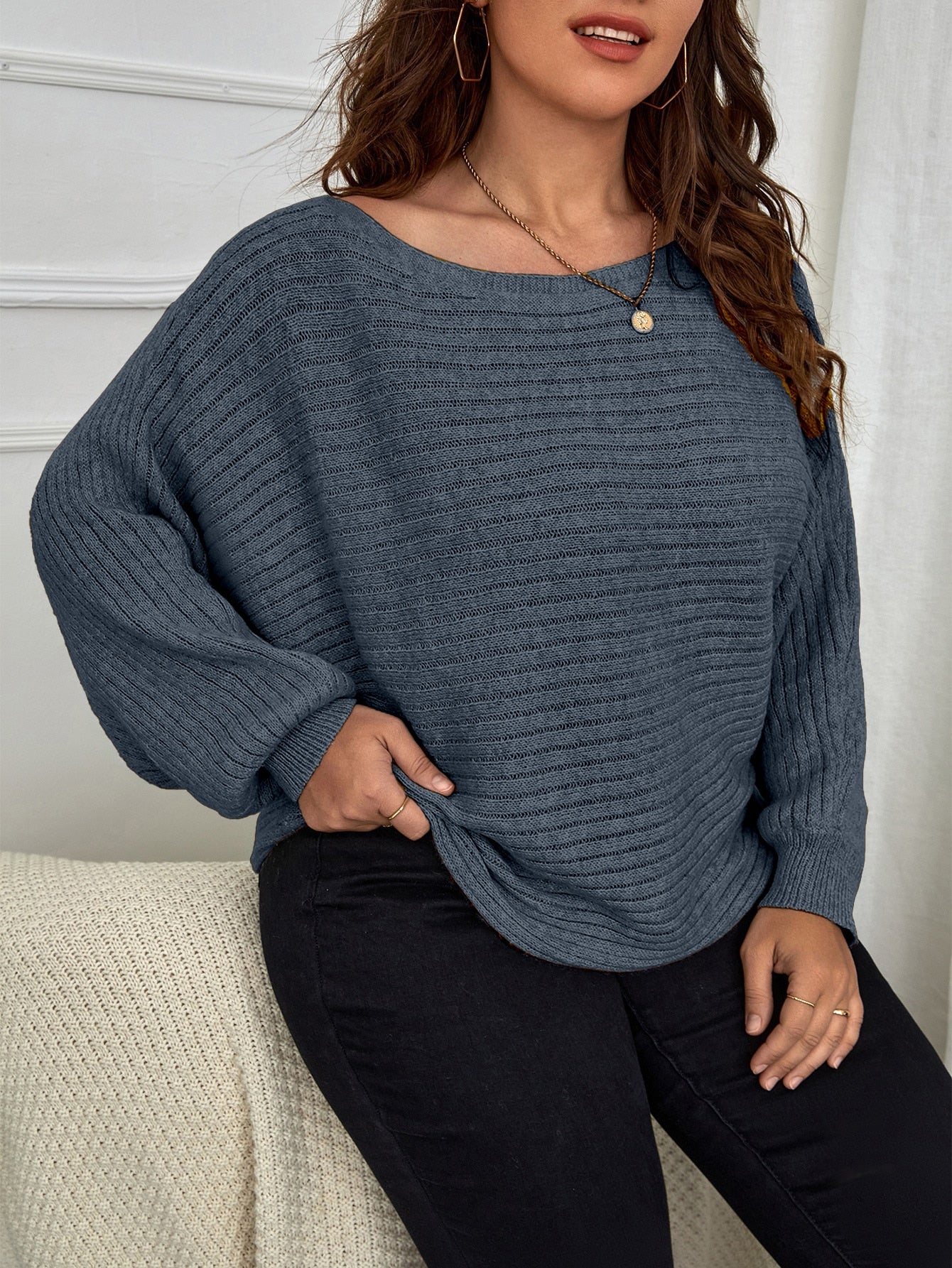 Plus Ribbed Knit Sweater with Batwing Sleeve Pomona and Peach