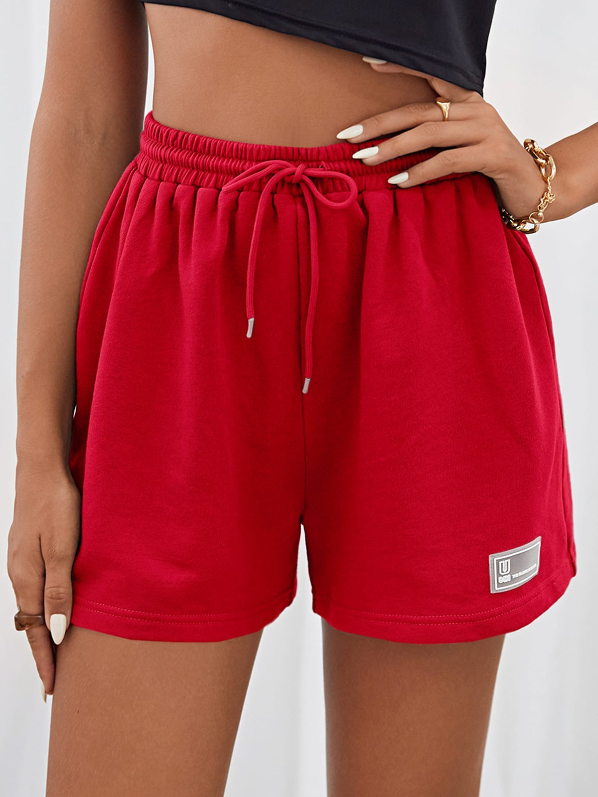 Drawstring Waist Shorts with Patched Detail