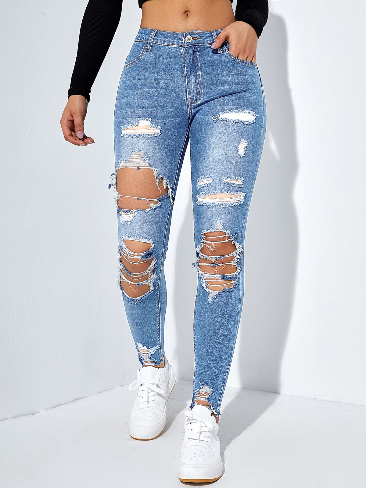 Skinny Jeans Cut Out Ripped with Raw Hem