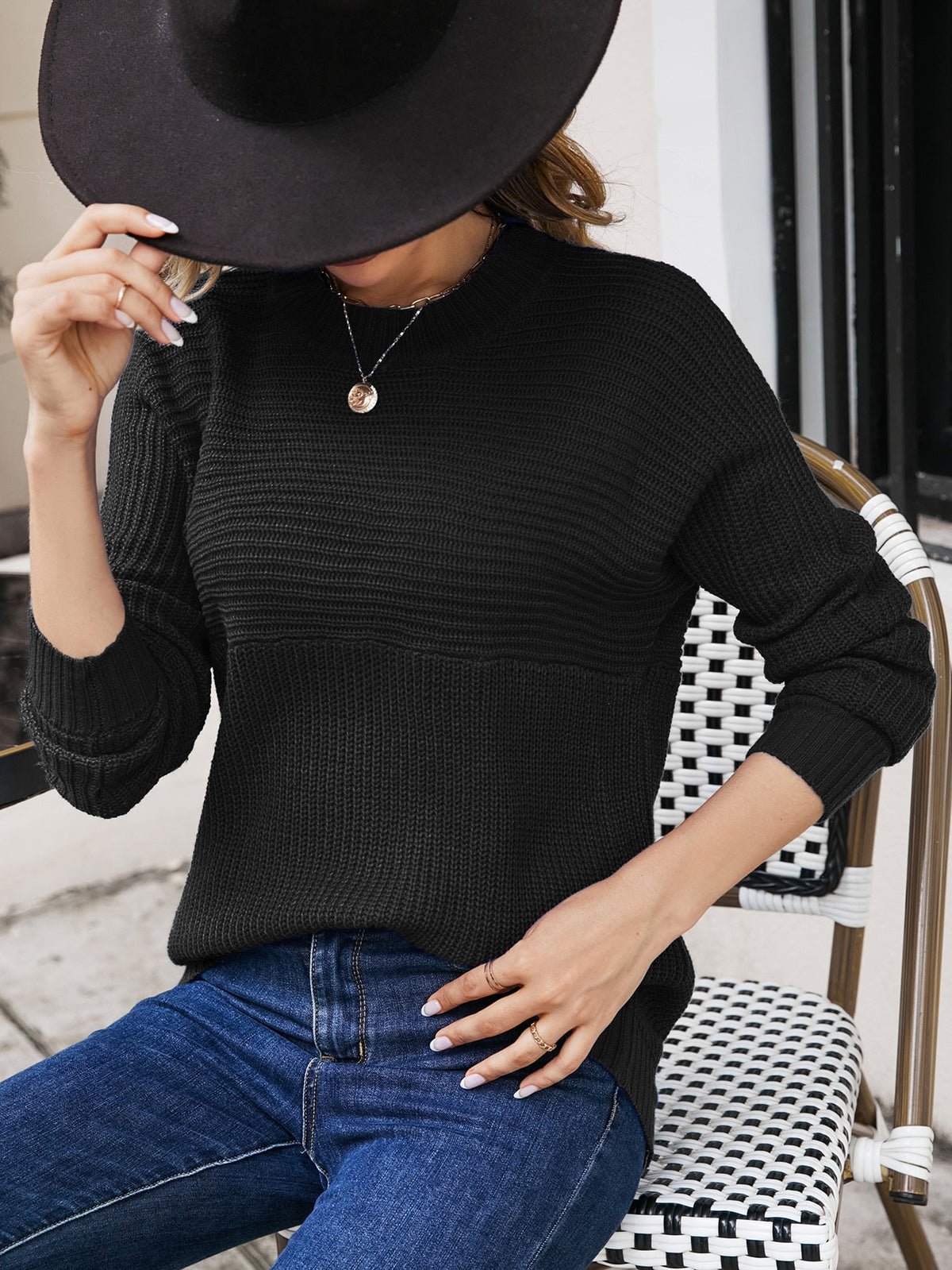 Round Neck Sweater with Batwing Sleeve
