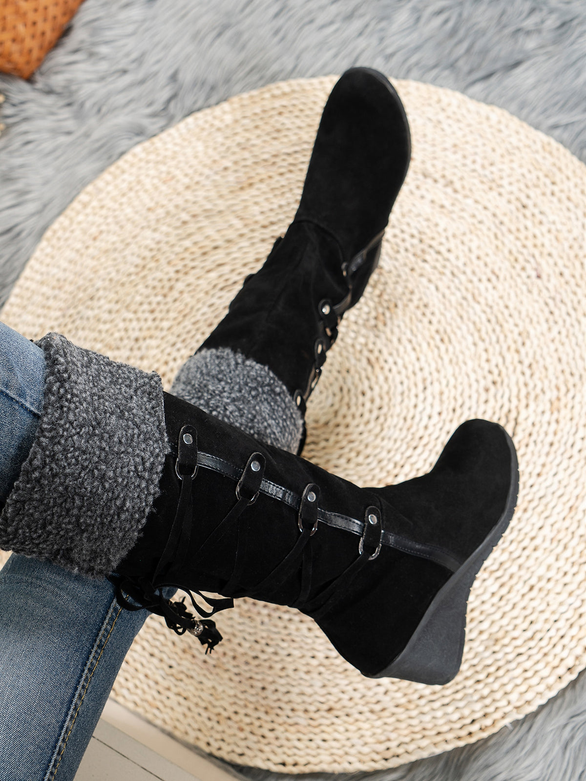 Women's Faux Suede Boot with Fuzzy Panel and Tassel and Stud Accents