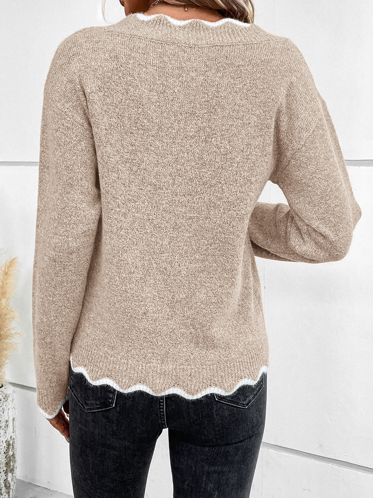 Fringed Trim Drop Shoulder Sweater