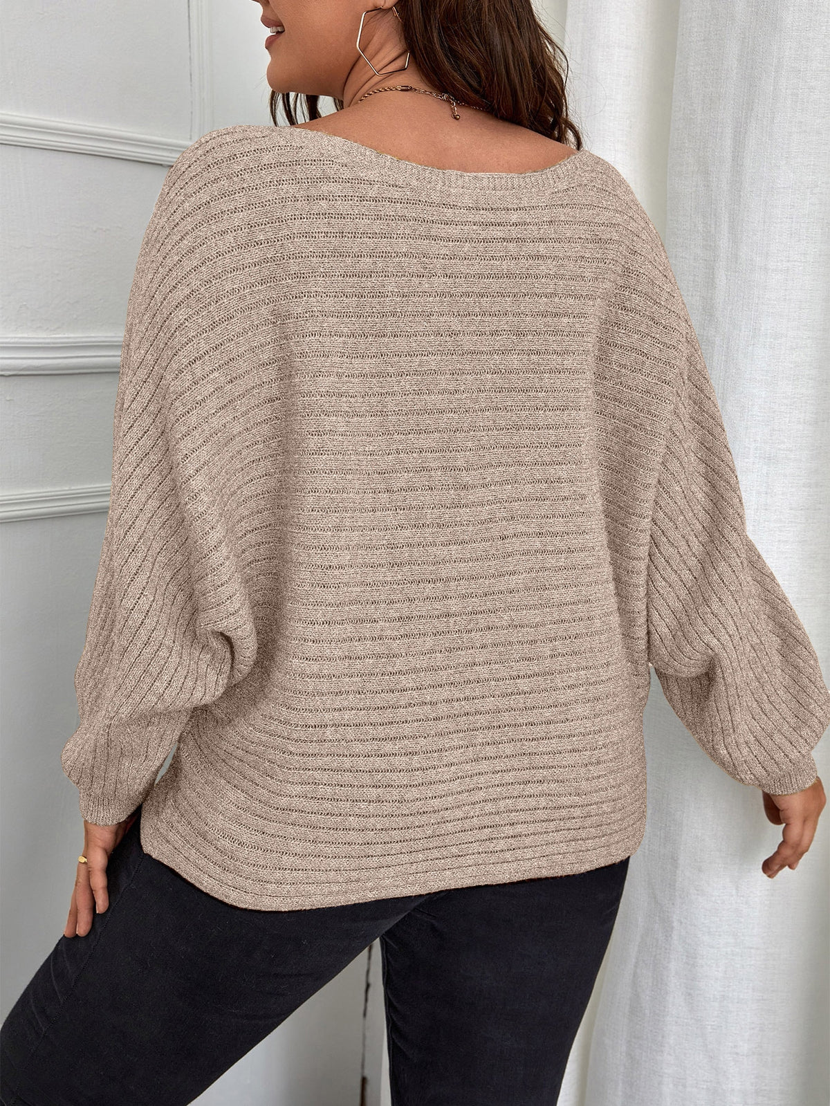 Plus Ribbed Knit Sweater with Batwing Sleeve