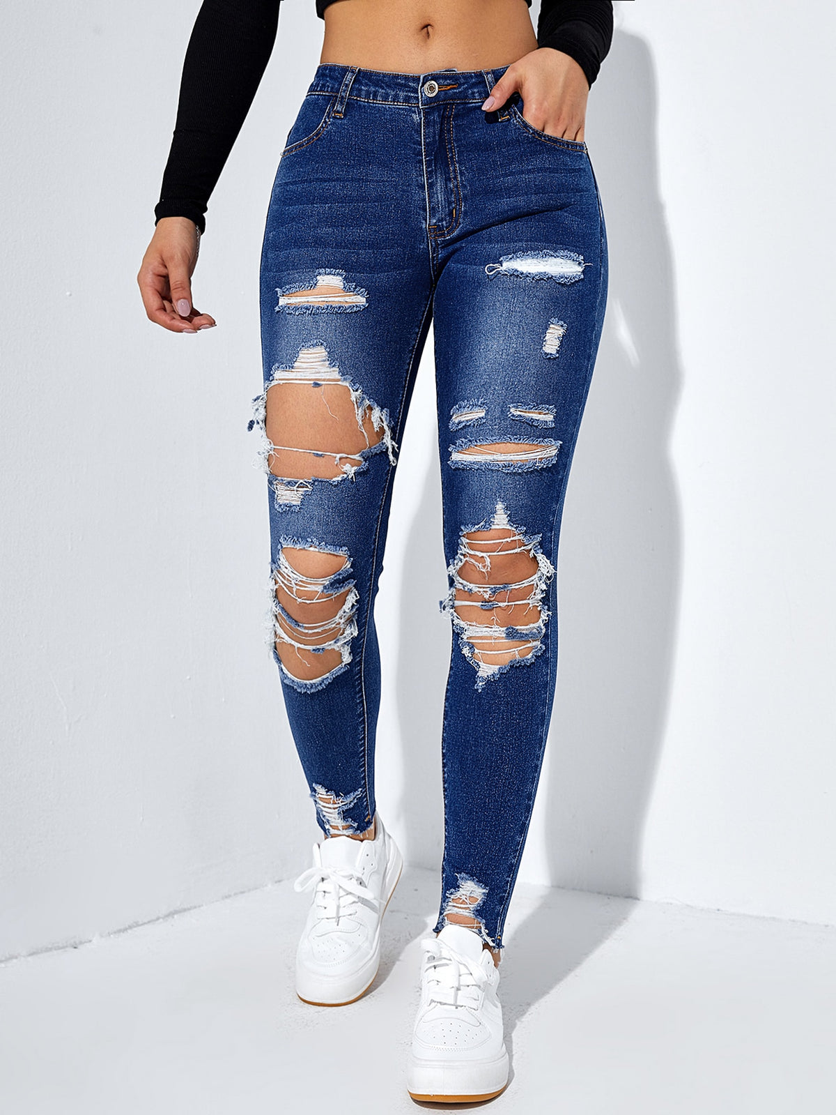 Jeans Cut Out Ripped with Raw Hem Pomona and Peach