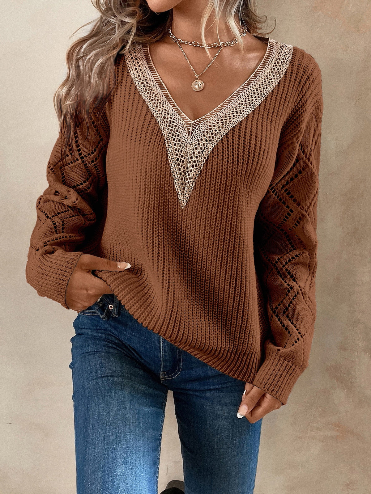 Knit Drop Shoulder Sweater with Lace Panel | Pomona and Peach Beige / S