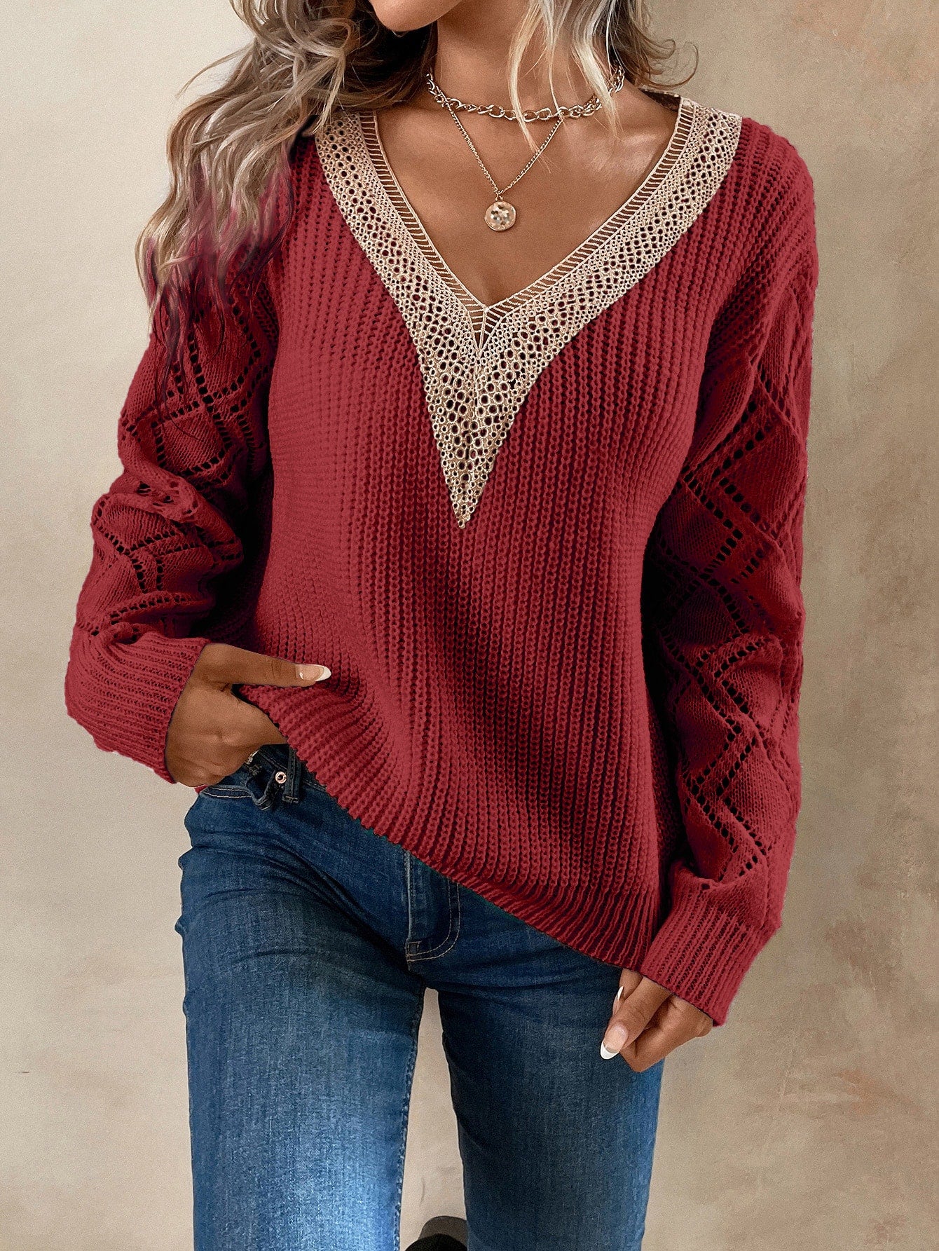 Knit Drop Shoulder Sweater with Lace Panel Pomona and Peach