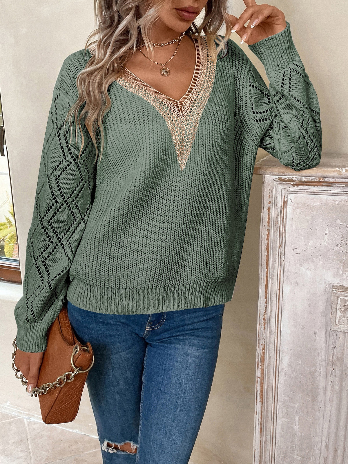 Knit Drop Shoulder Sweater with Lace Panel