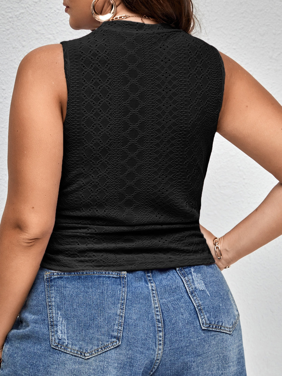 Plus Ruched Tank Top with Eyelet Embroidery