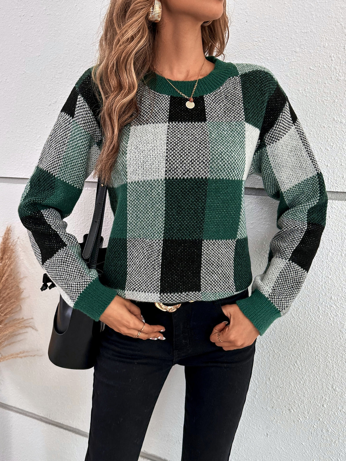 Plaid Sweater with Drop Shoulder