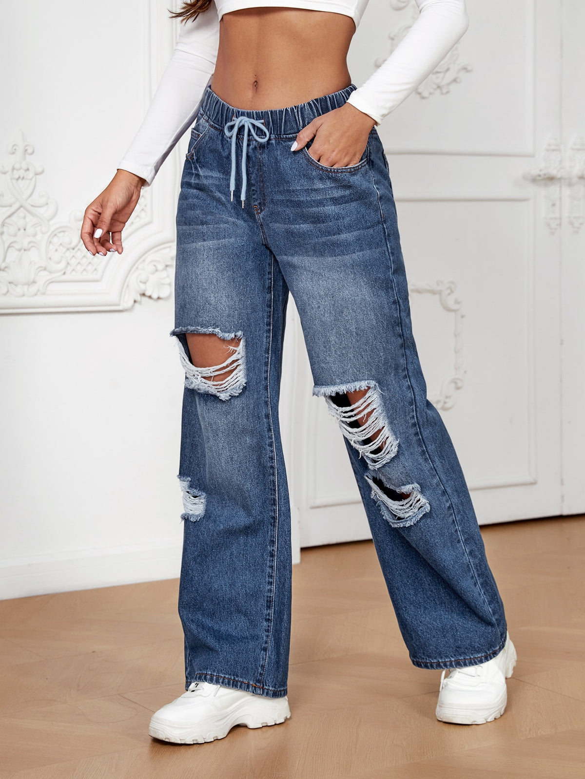 Wide Leg Jeans with Drawstring Waist