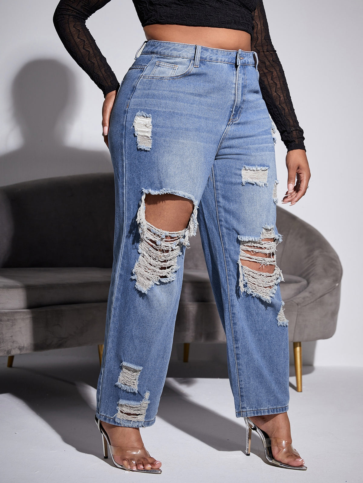 Plus Straight Leg Jeans with Ripped Cut Out