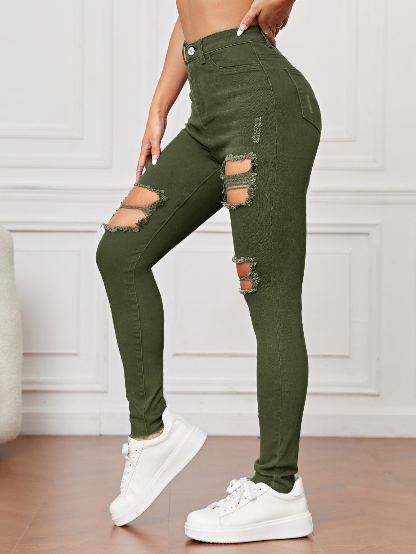 Green ripped hot sale pants