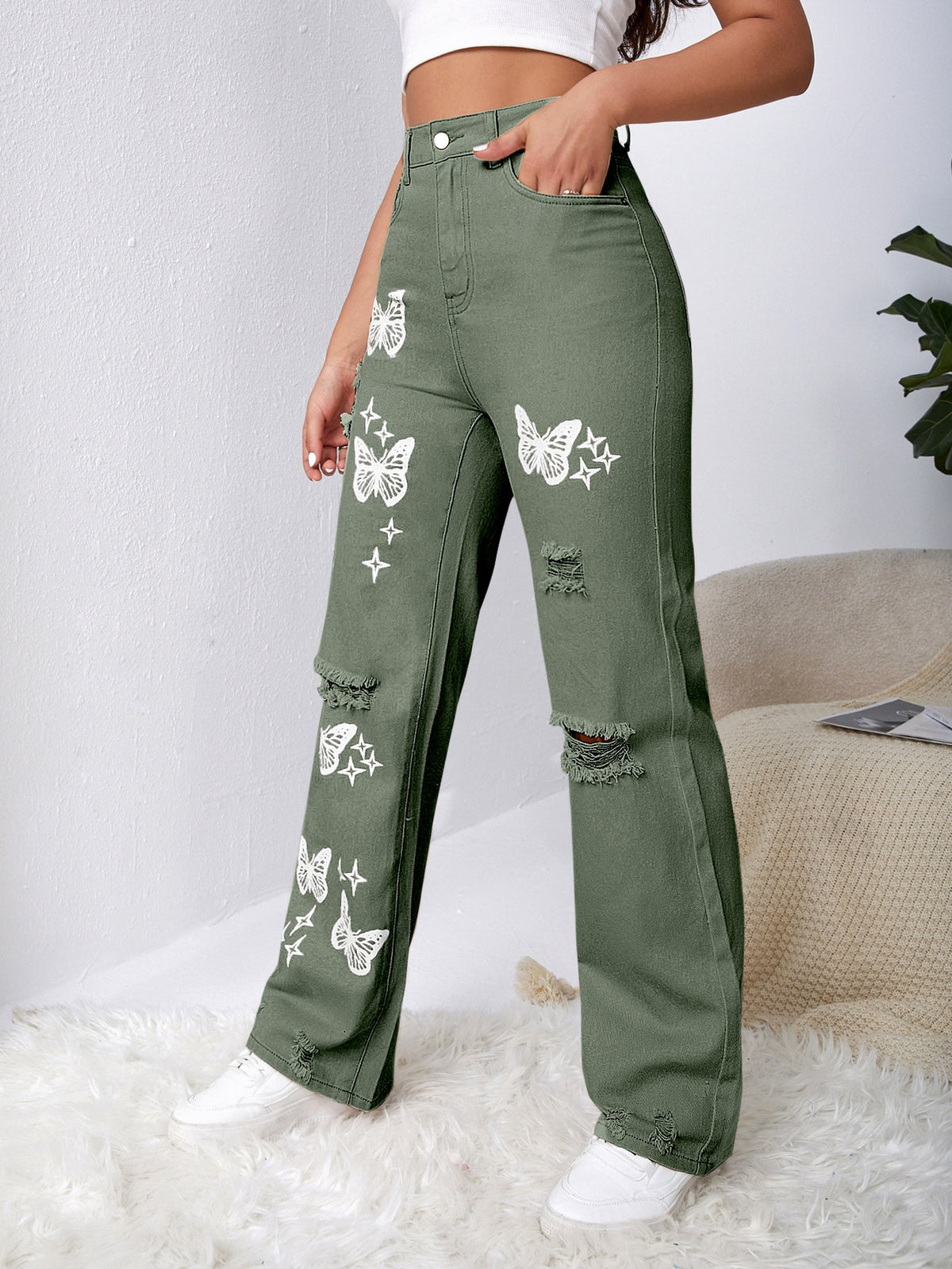 Bleach Wash Butterfly Jeans with Ripped Detail