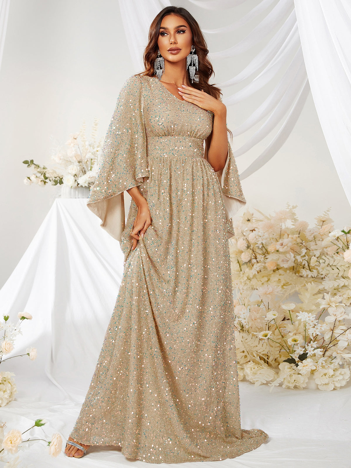 Formal Sequin Gown with Cloak Sleeve