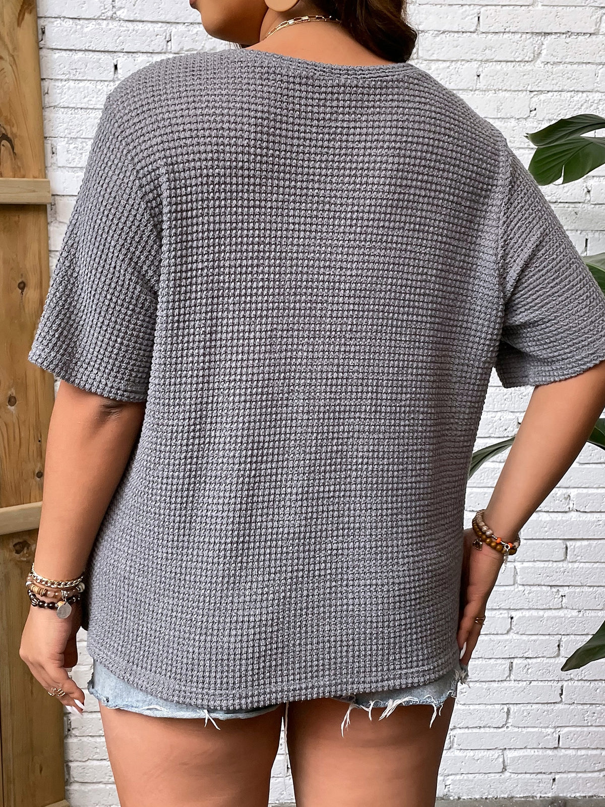 Plus Waffle Knit Pocket Tee with Notched Neck