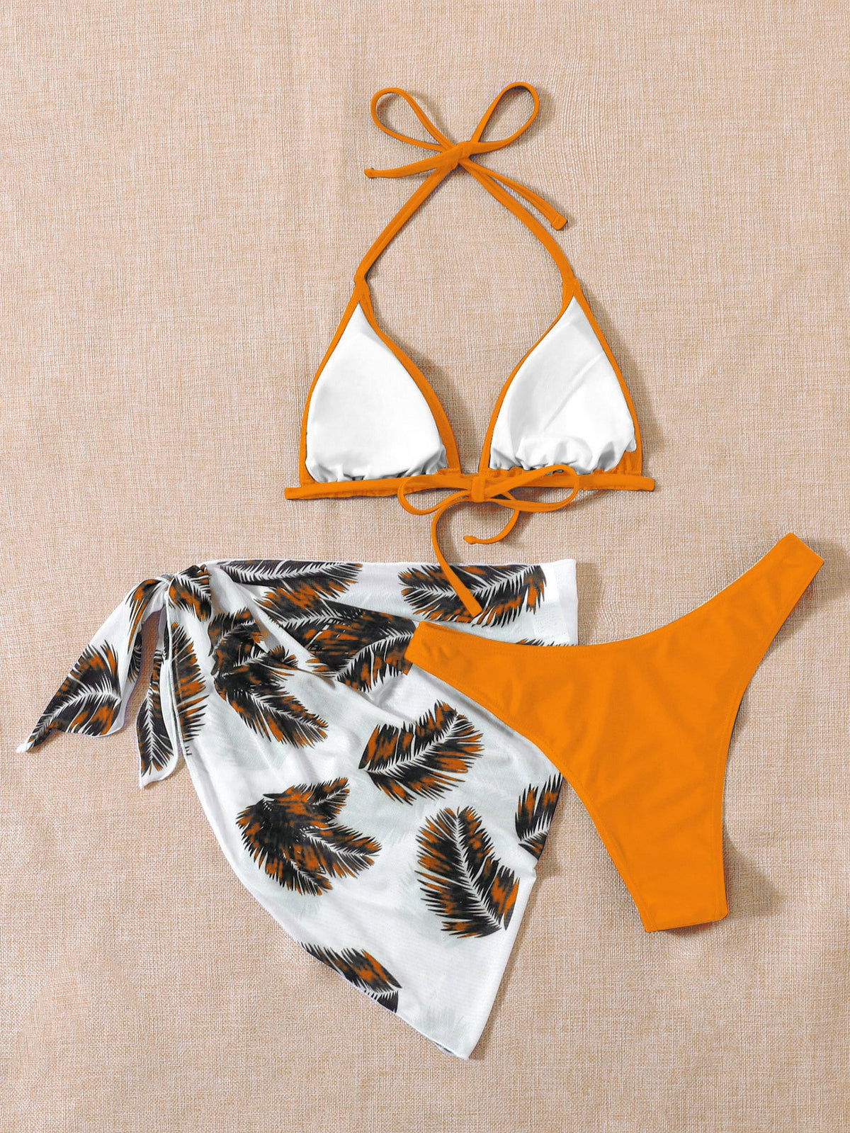 3 Piece Halter Bikini Swimsuit With Palm Print Beach Skirt