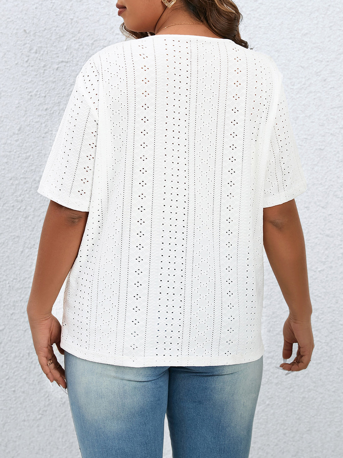 Plus Eyelet Embroidery Tee with Button Detail