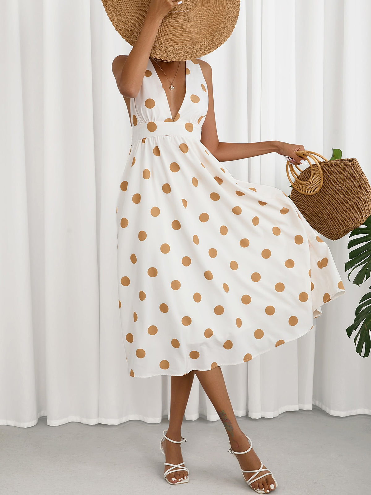Plunging Neck Backless Dress with Gold Dots
