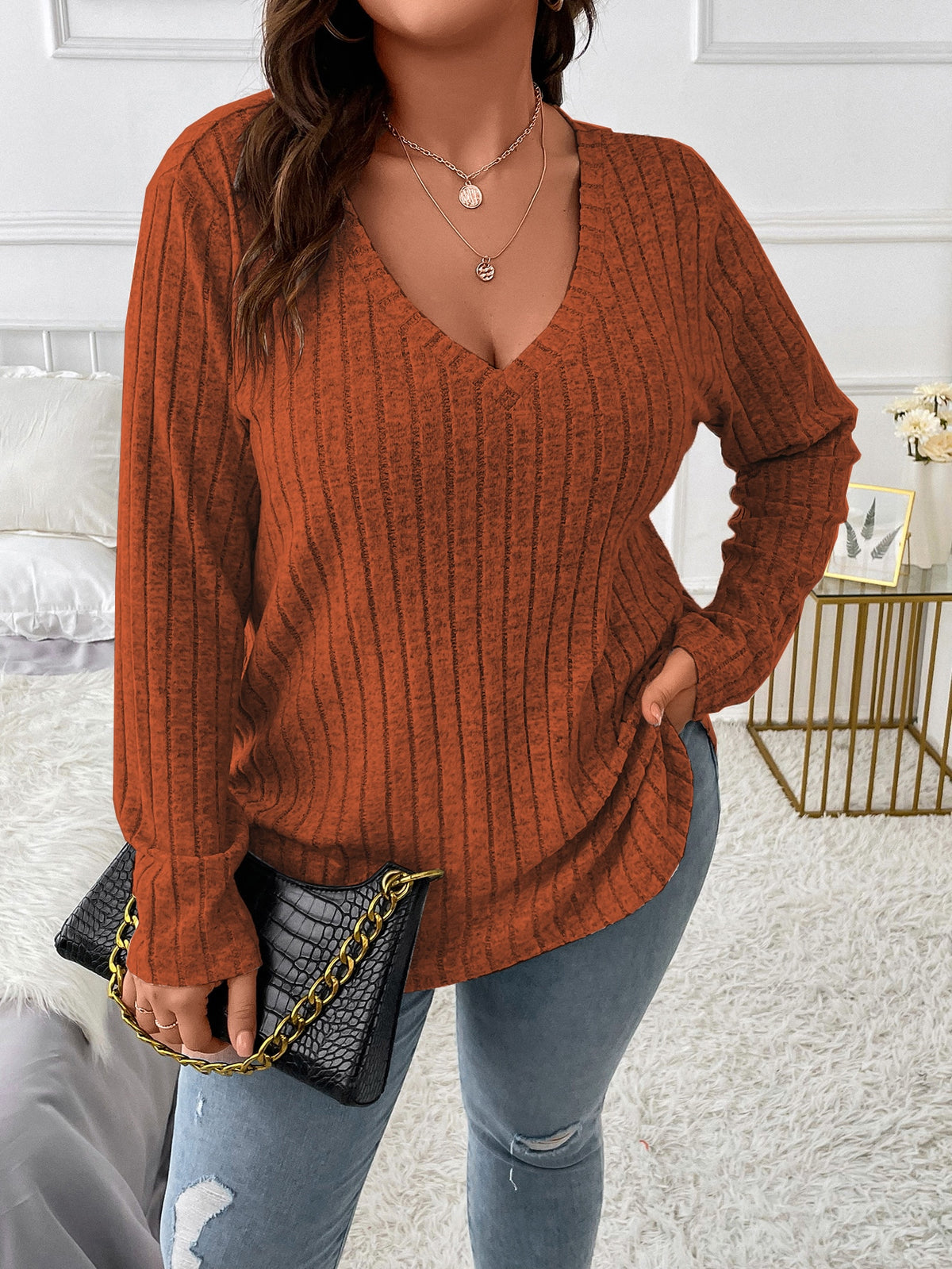 Plus Knit Tee with V Neck