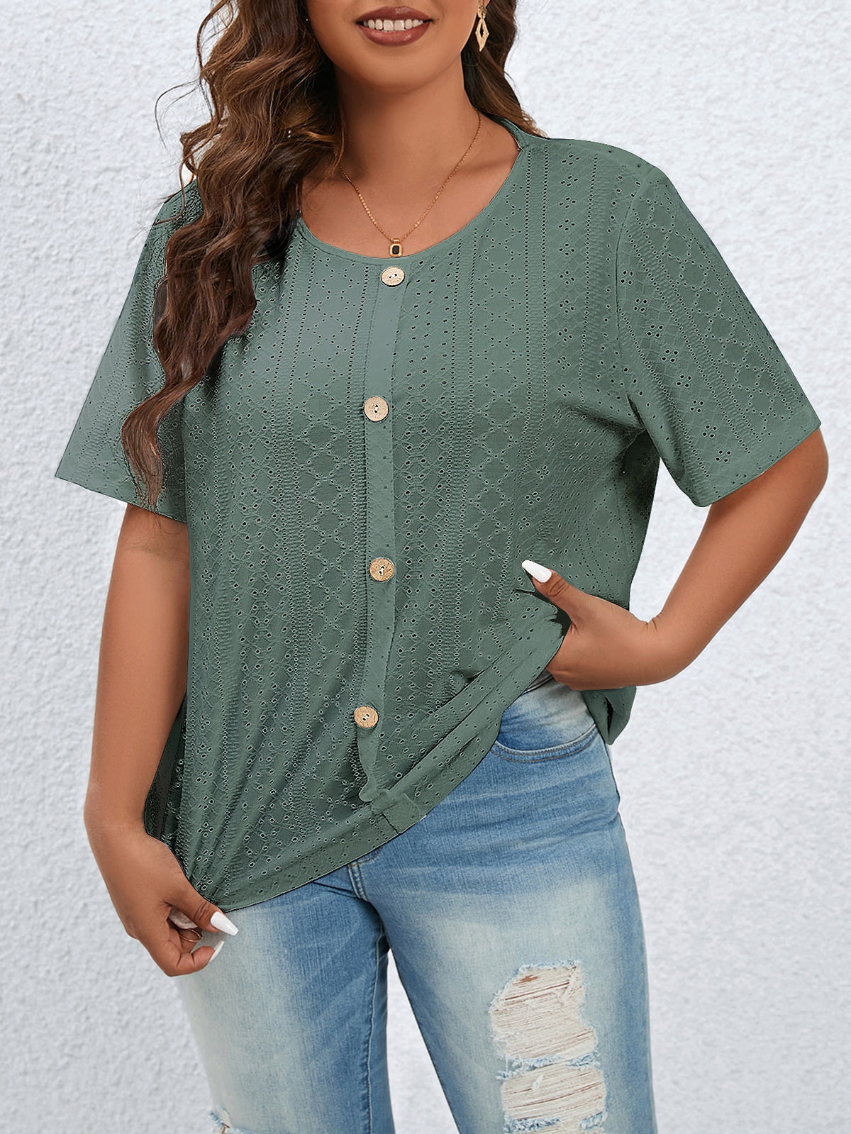 Plus Eyelet Embroidery Tee with Button Front