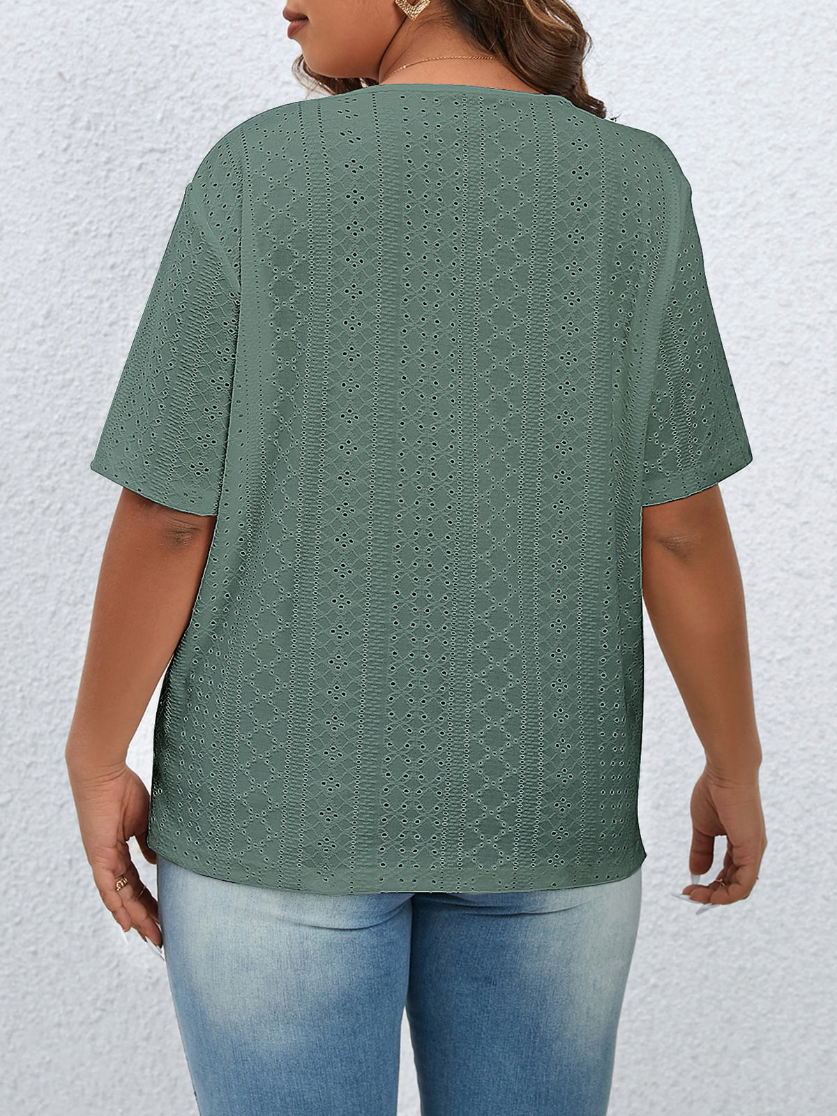 Plus Eyelet Embroidery Tee with Button Detail