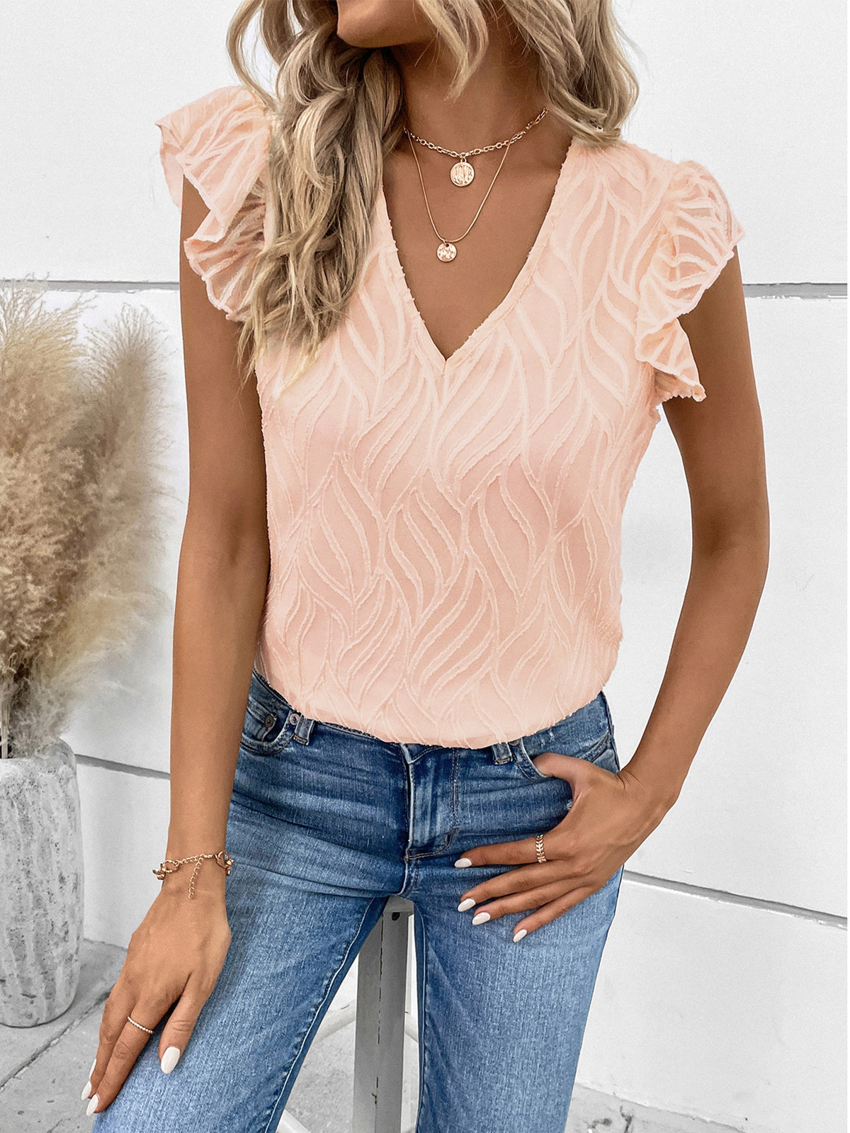 V Neck Blouse with Ruffle Trim