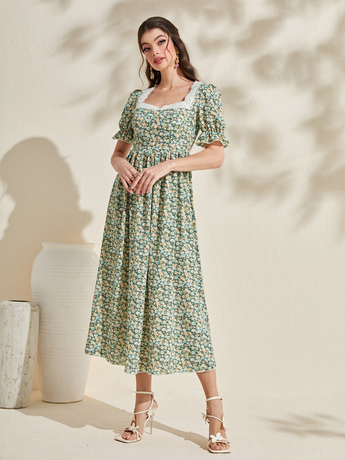 Floral Print Dress with Lace Trim