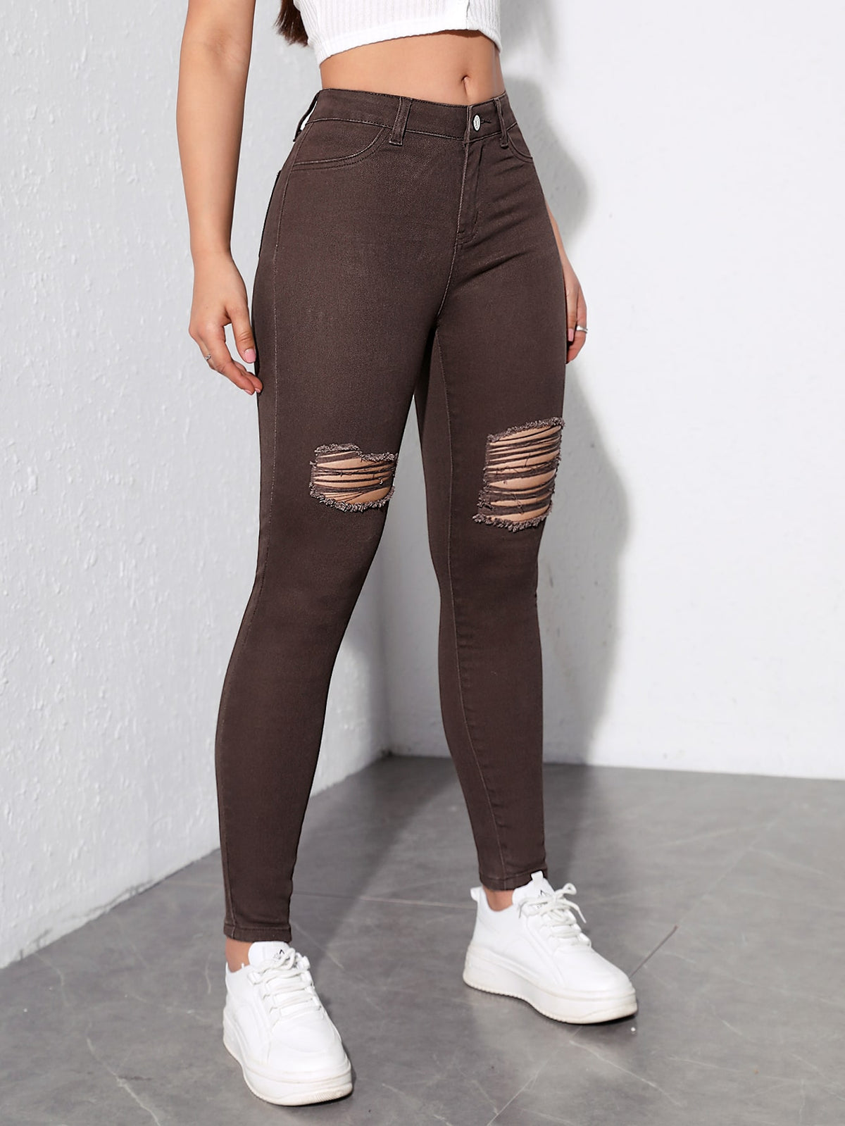 Coffee Brown Ripped Skinny Jeans