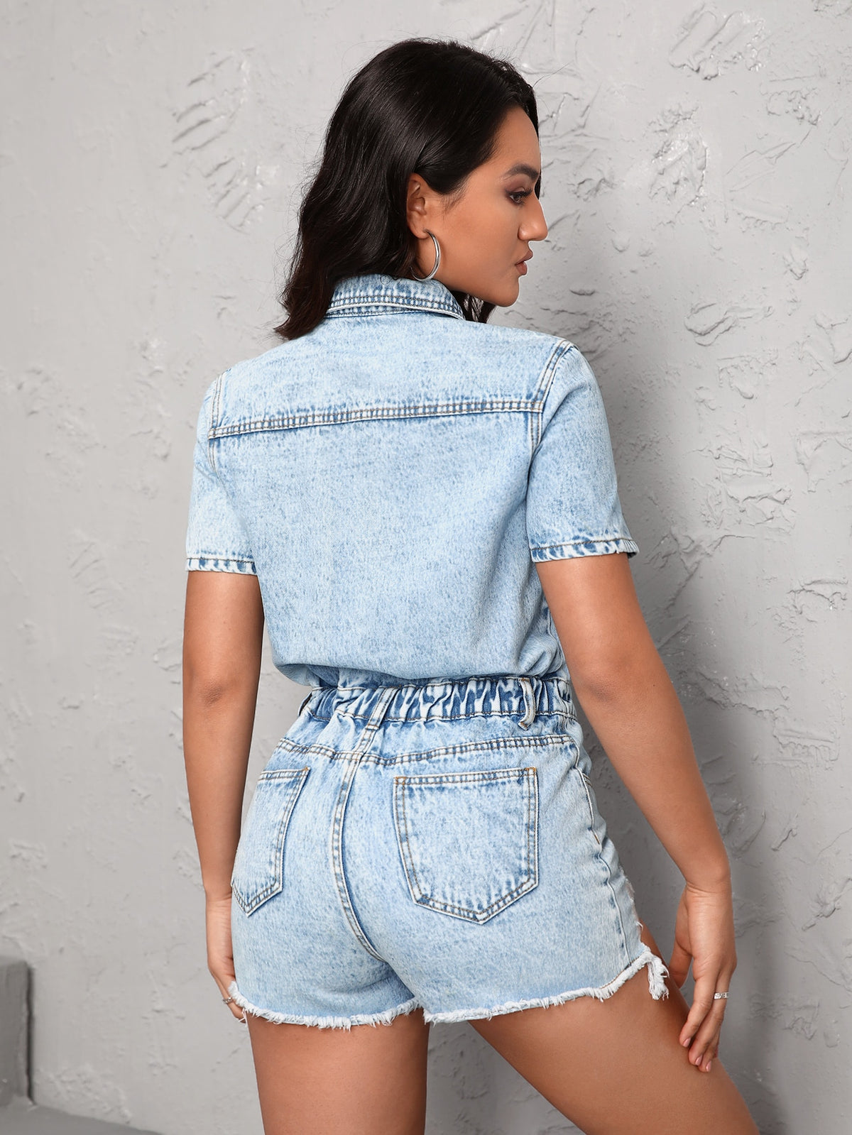 Denim Romper with Raw Hem and Button Front