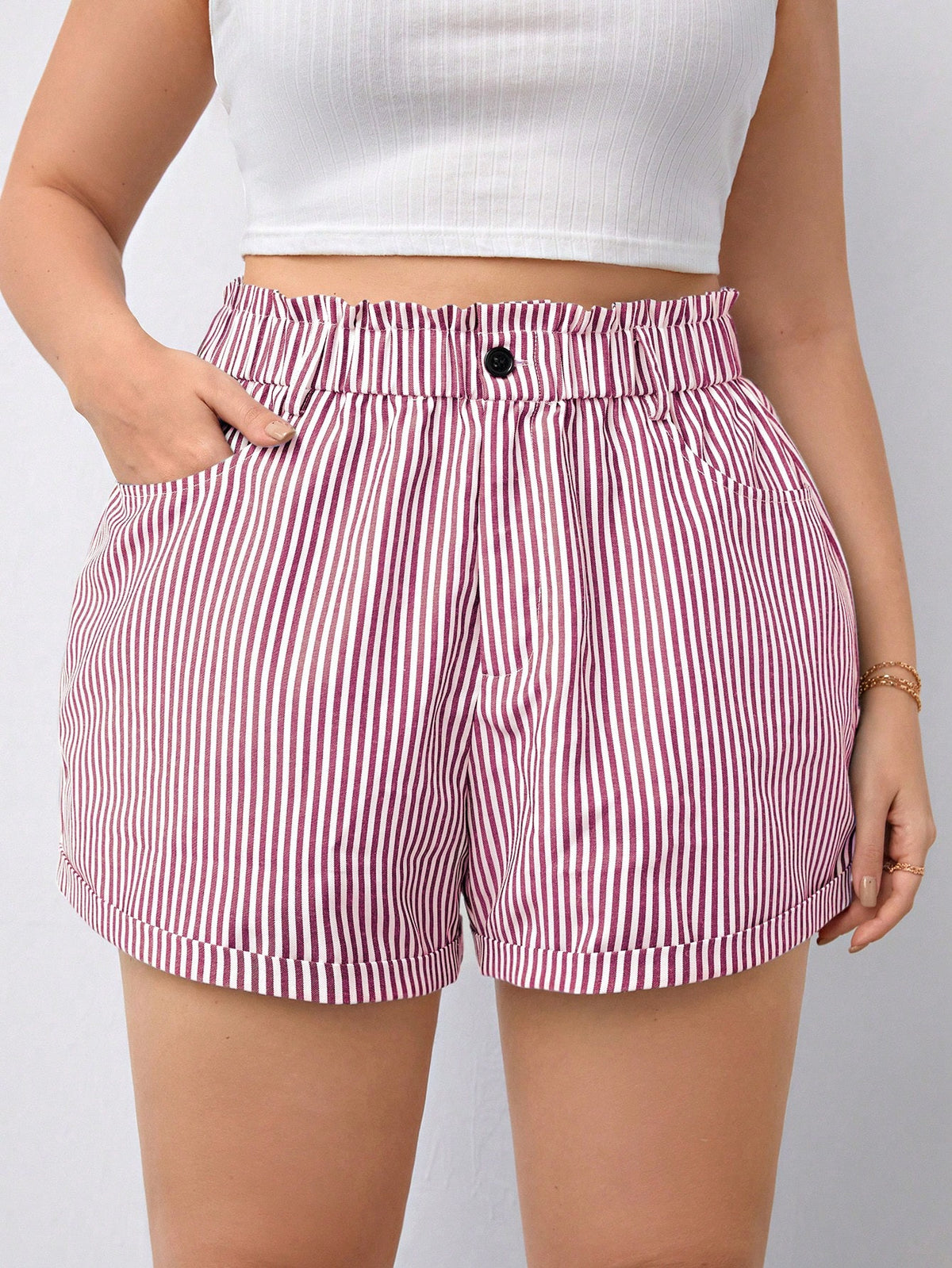 Plus Striped Paperbag Waist Shorts