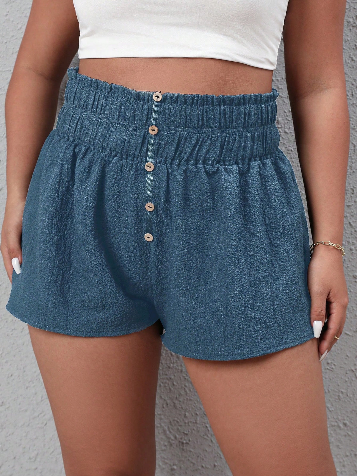 Plus Shirred Frill Trim Shorts with Button Detail