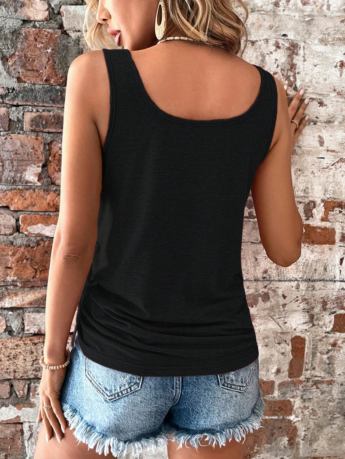 Half Button Tank Top with Drawstring Side