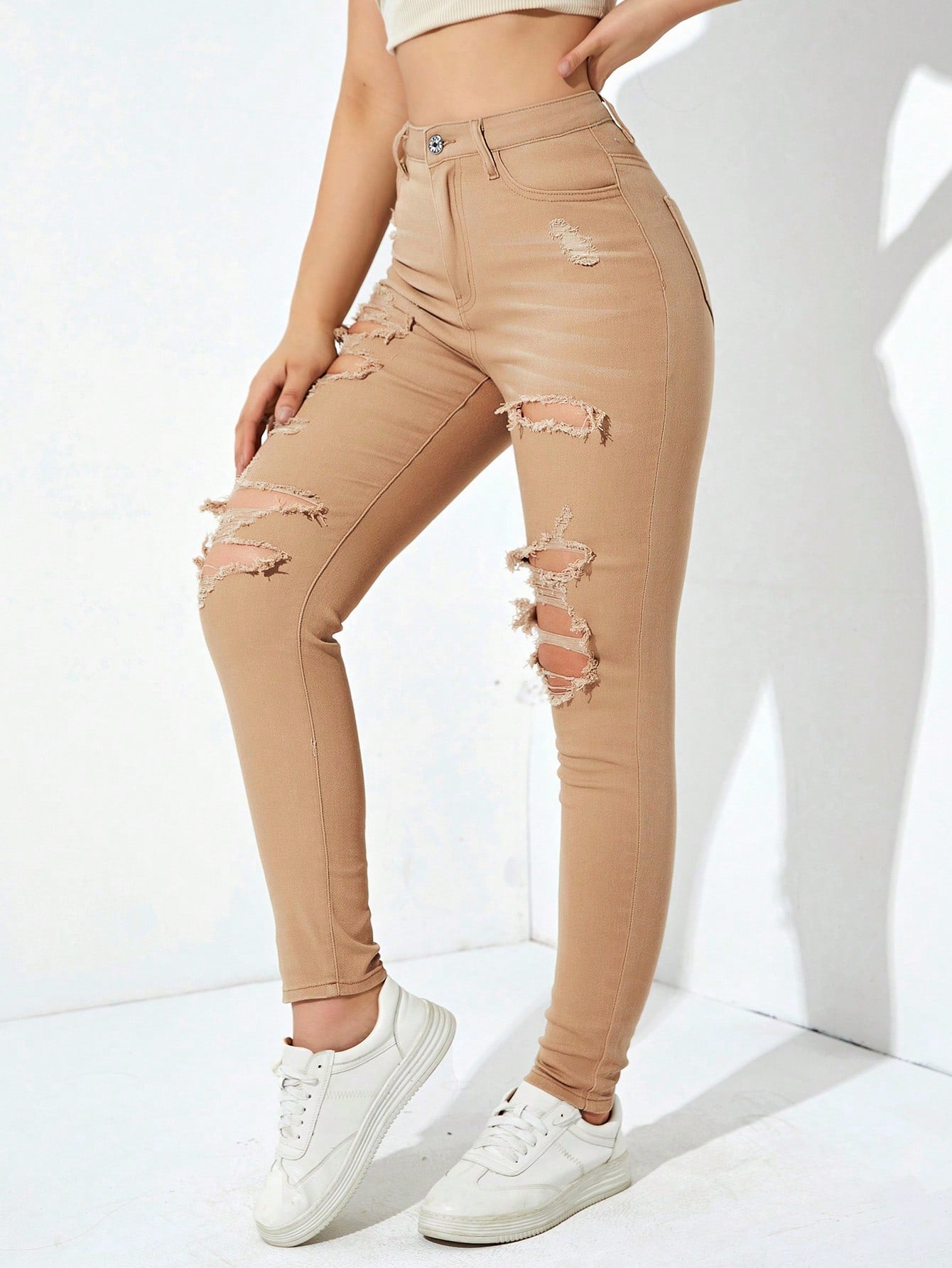 Khaki ripped jeans on sale womens