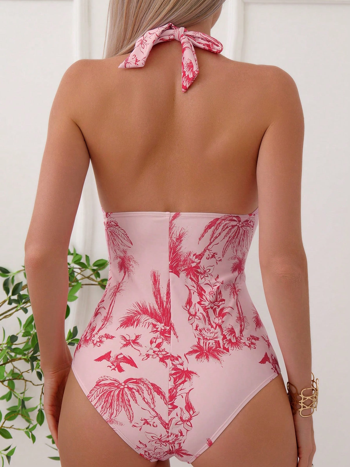 Tropical Print Backless Halter One Piece Swimsuit