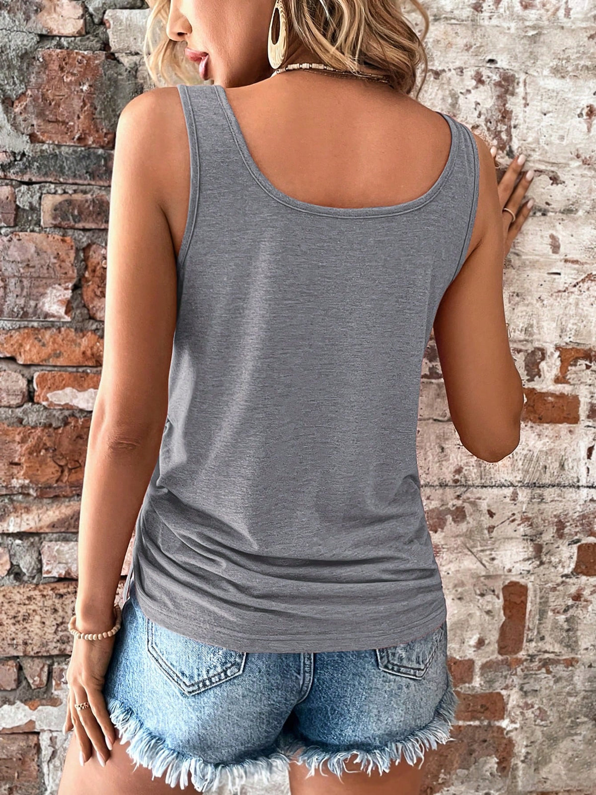 Half Button Tank Top with Drawstring Side