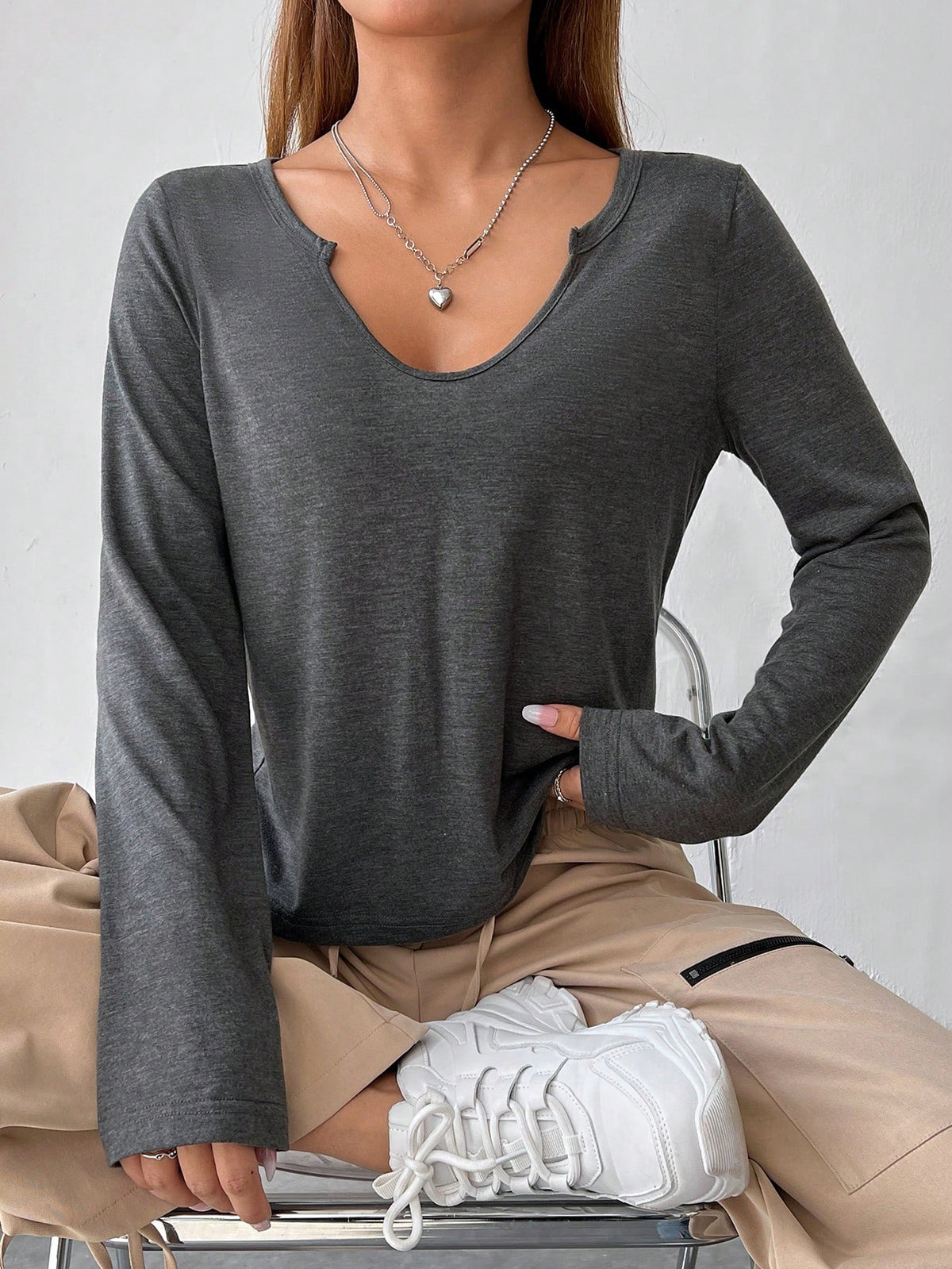 Ribbed Knit Tee with Notched Neck