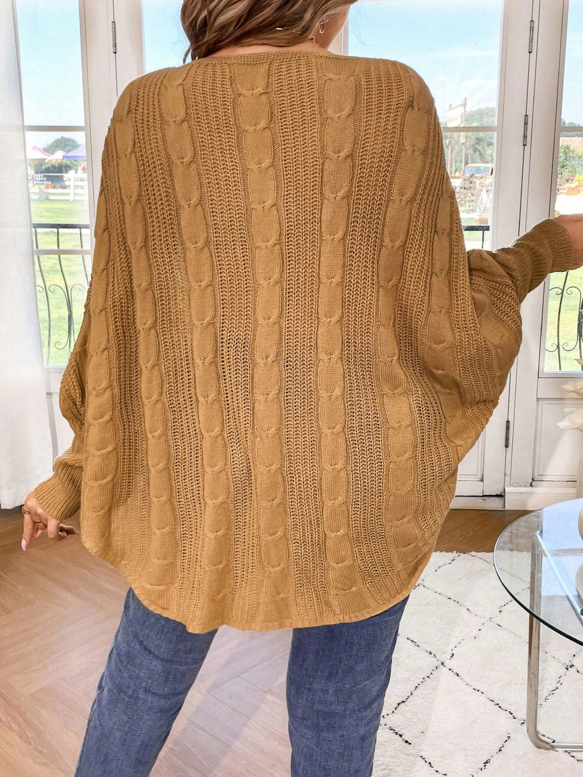Plus Cable Knit Sweater with Asymmetrical Hem
