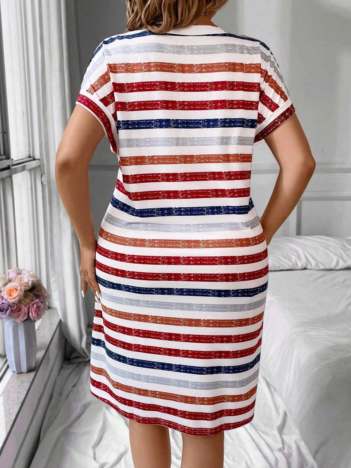 Plus Striped V Neck Casual Dress