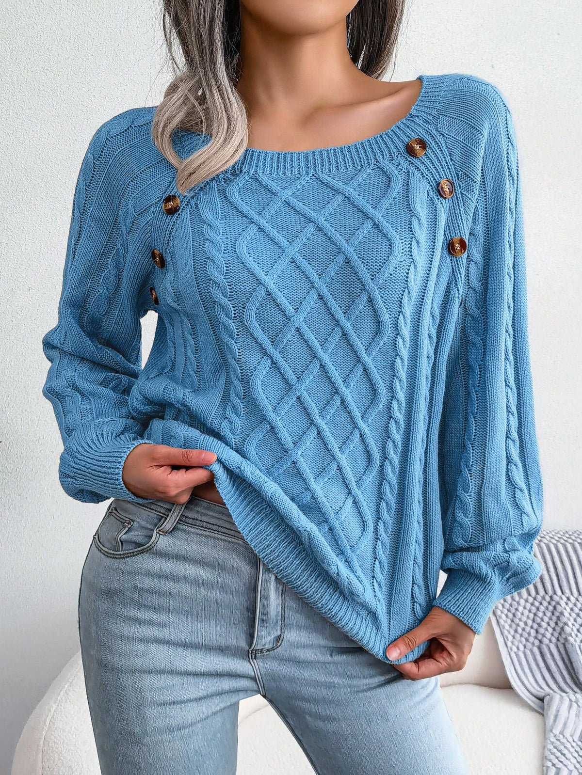 Cable Knit Sweater with Button Detail