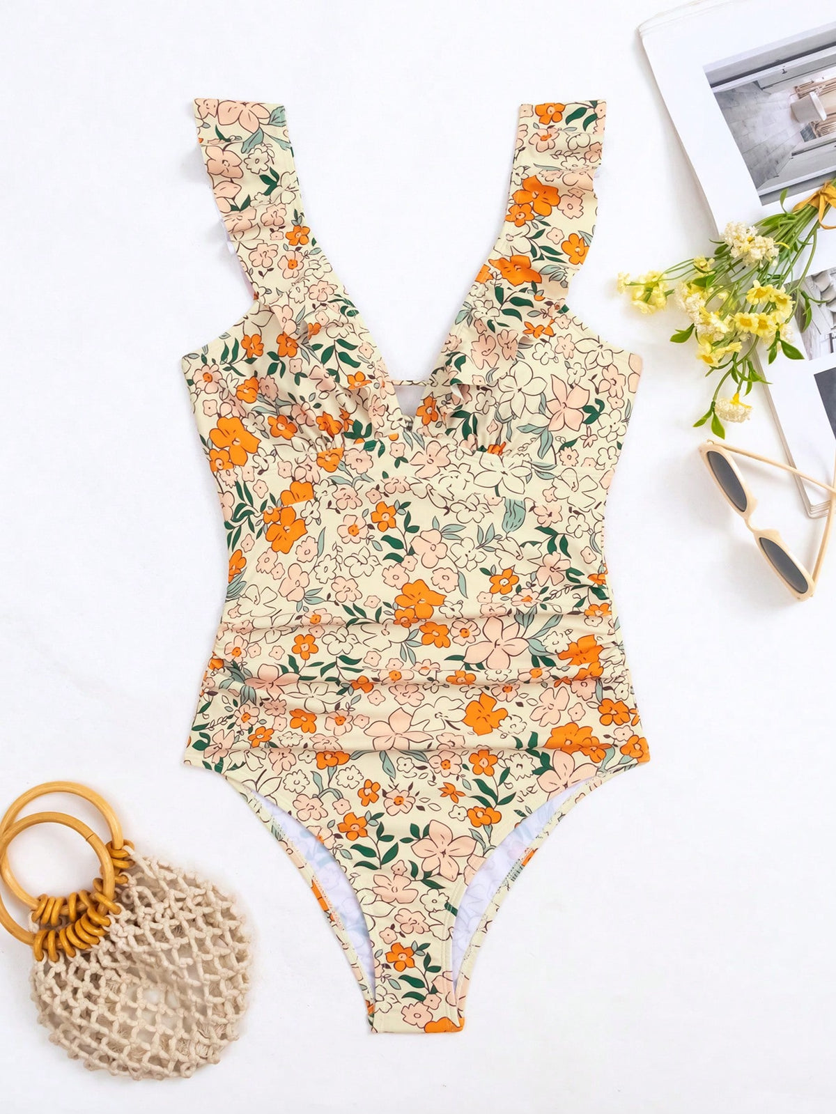 Floral One Piece Swimsuit with Ruffle Trim