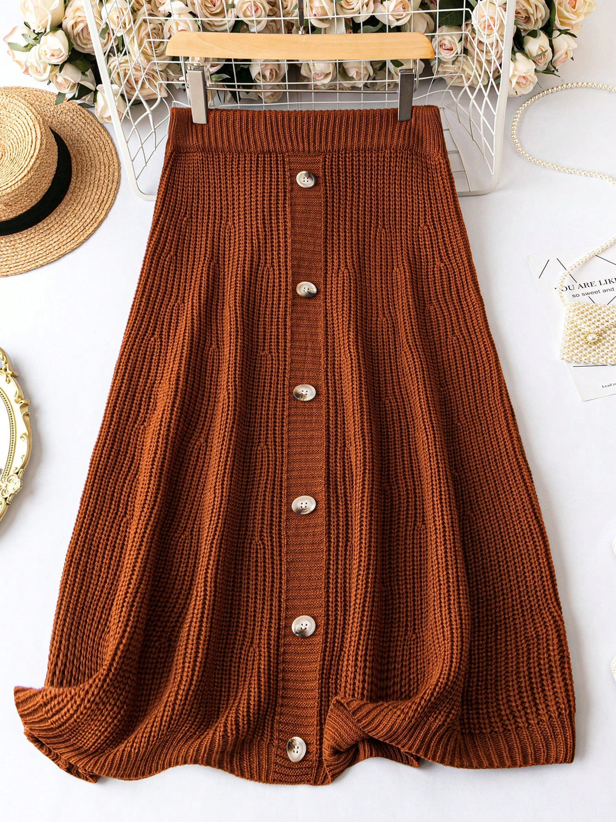 Plus Flare Knit Skirt with Button Detail