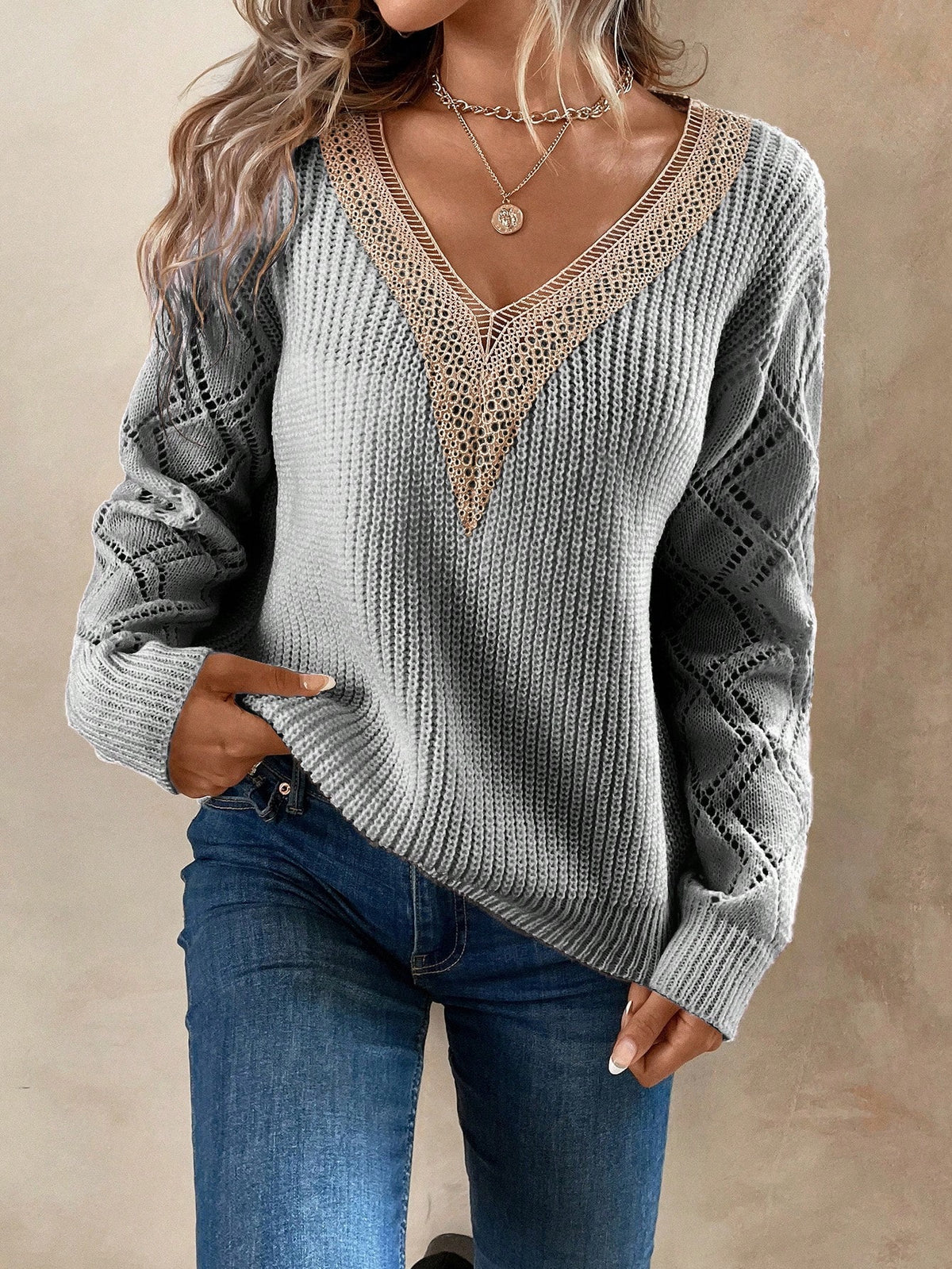 Knit Drop Shoulder Sweater with Lace Panel
