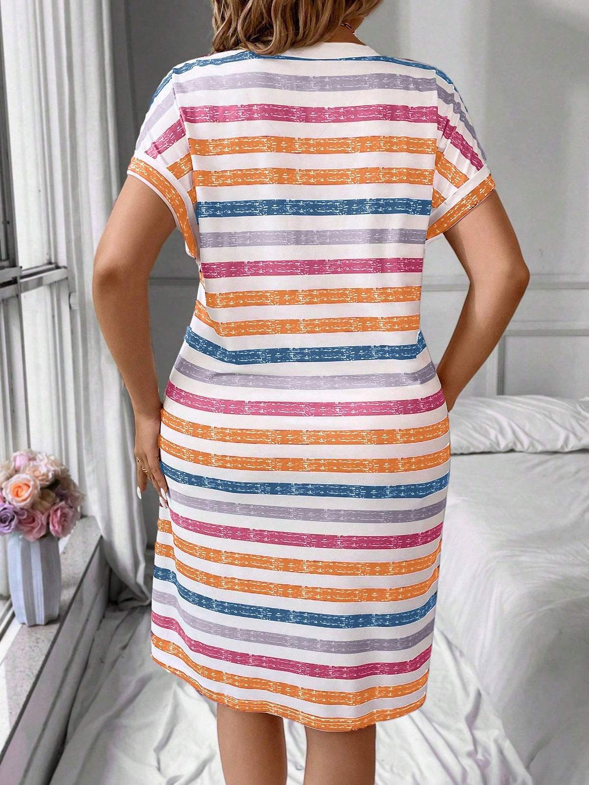 Plus Striped V Neck Casual Dress